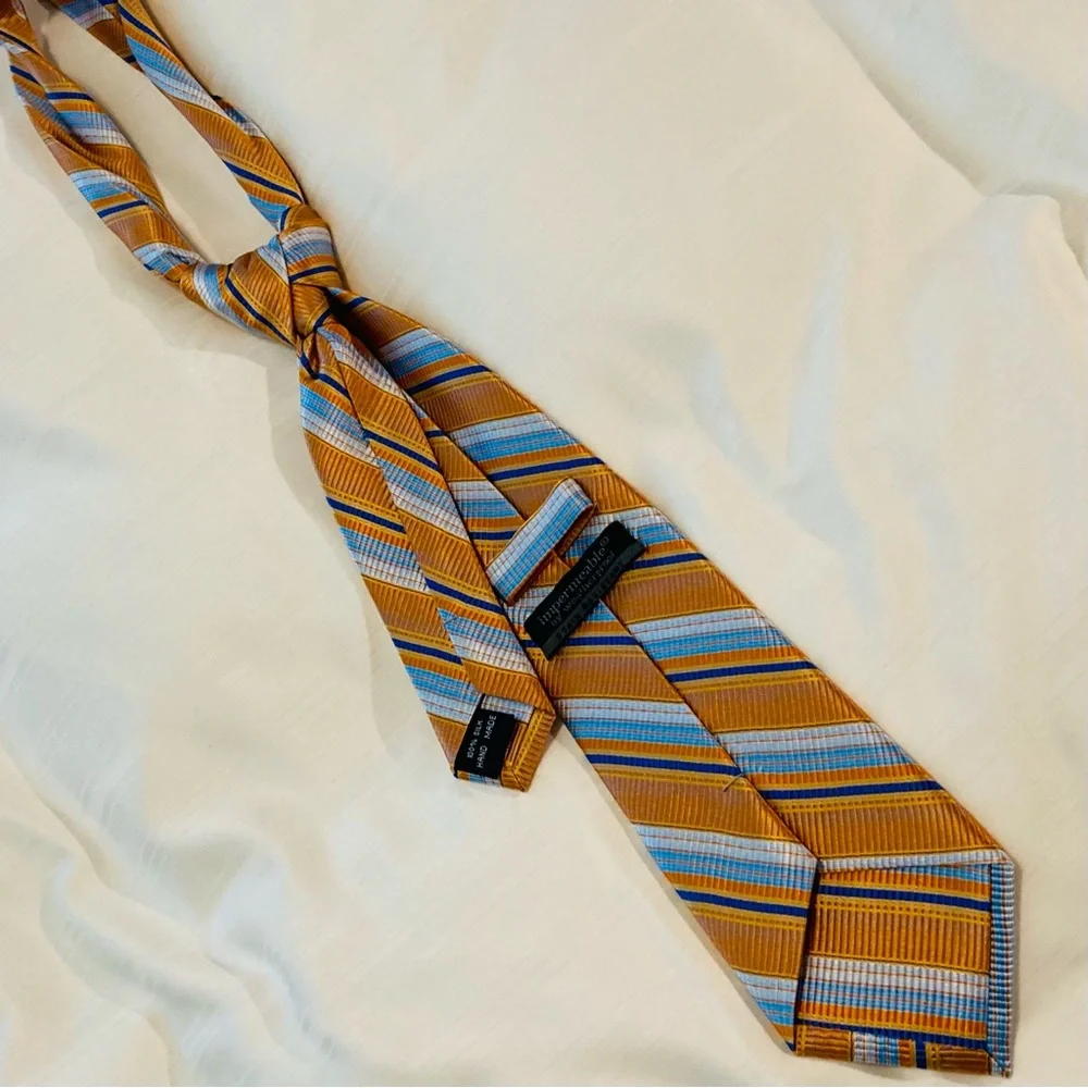 Impermeable by Weatherproof Orange & Blue Striped Boys Tie 100% Silk Handmade